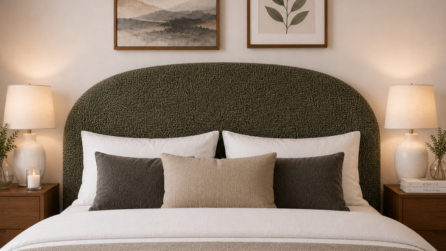 Centred view of the Millie upholstered headboard featuring a curved, padded design in dark woven fabric